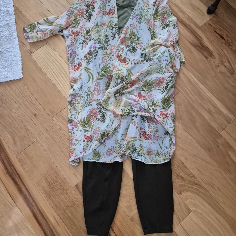 3-Piece Set Kimono Duster Tank Top Slacks Ankle Pants Plus Size 2X Bundle